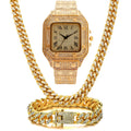 Roman numeral graduation quartz watch set with black mesh band and square dial alongside matching bracelet and necklace