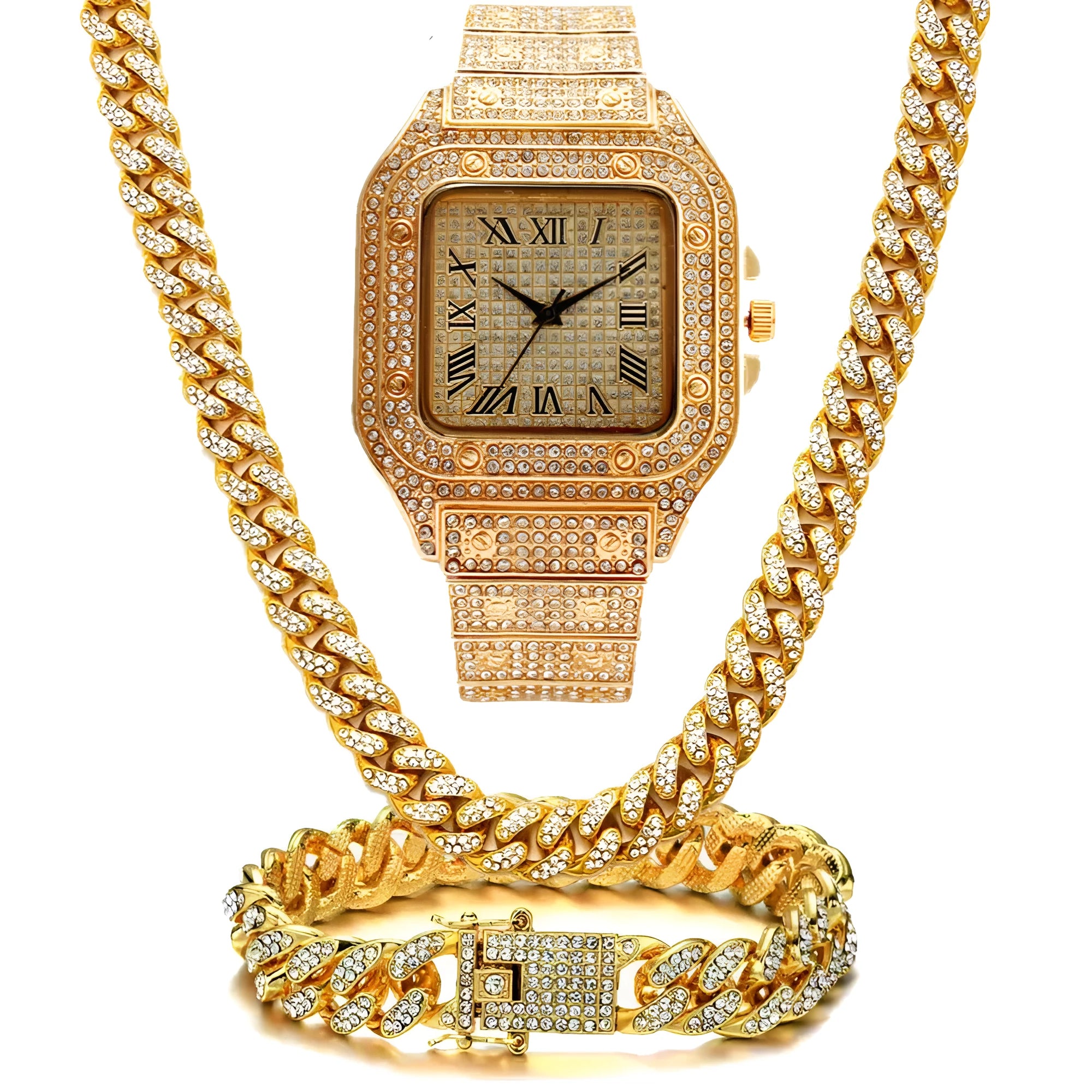 Roman numeral graduation quartz watch set with black mesh band and square dial alongside matching bracelet and necklace