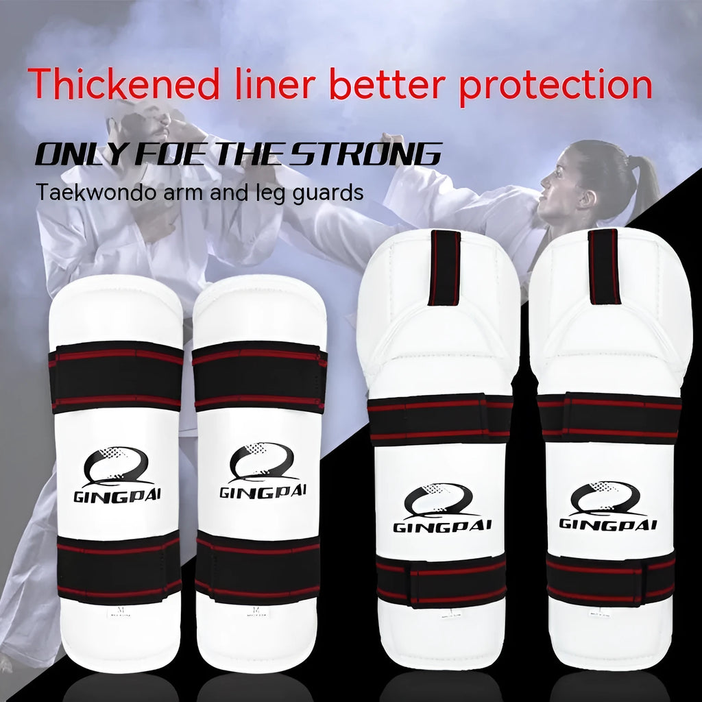 Taekwondo protective gear set showing arm guard, elbow guard and leg protector in PU EVA material