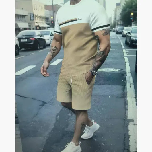 Men's loose-fit summer lounge suit set showing short-sleeved t-shirt and matching shorts in polyester fabric
