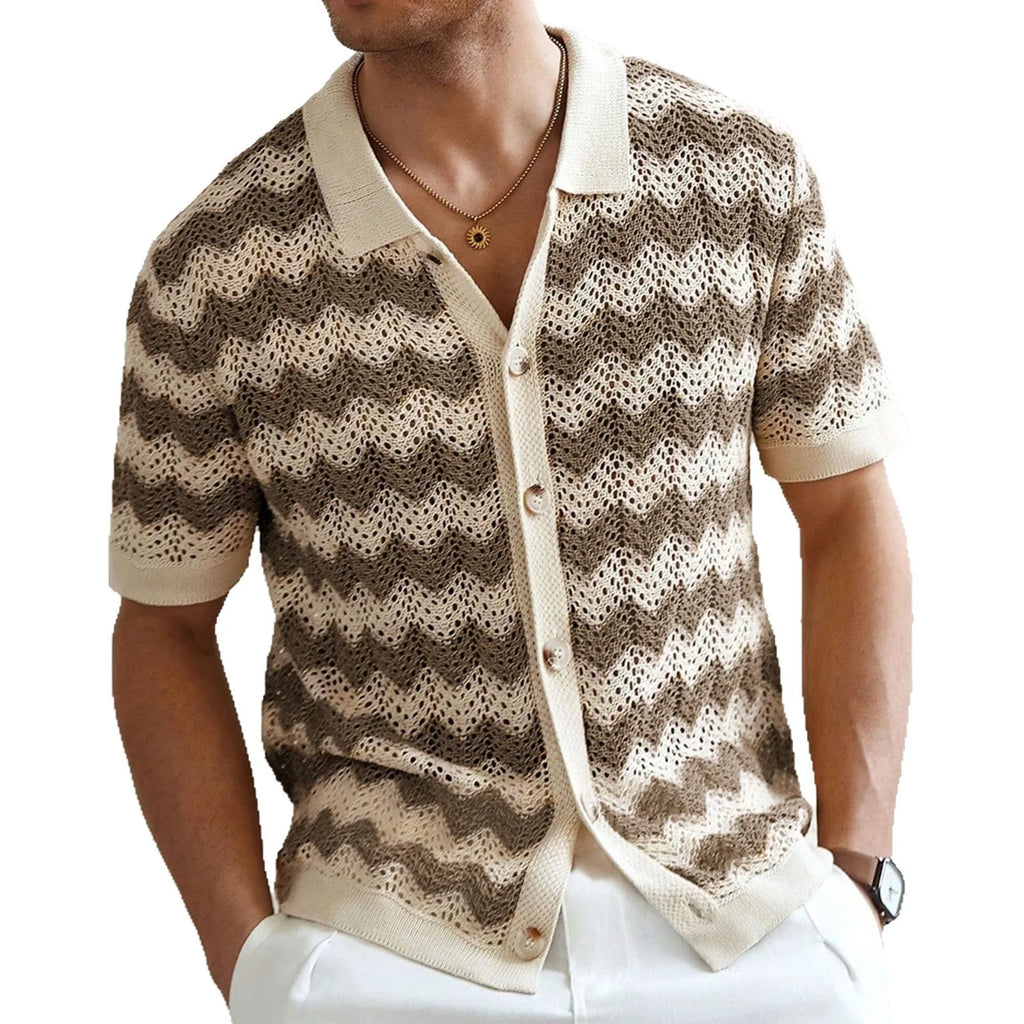 Short sleeve blue hollow jacquard corrugated sweater with flocking detail on a hanger.