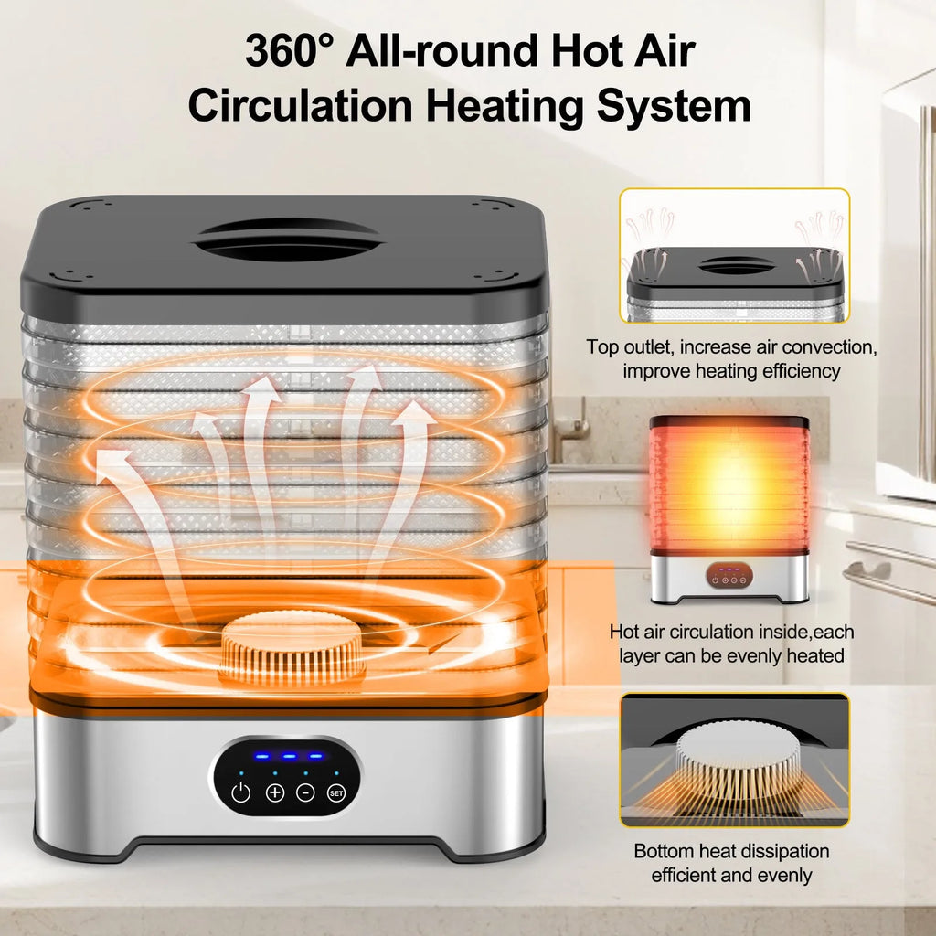 Silver and red household food dehydrator with 8 expandable drying trays.