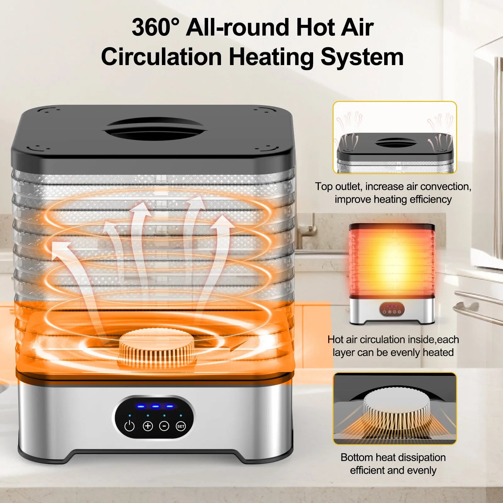 Silver and red household food dehydrator with 8 expandable drying trays.