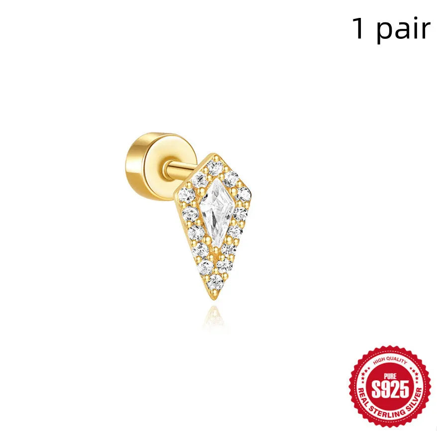 S925 sterling silver flat column geometric ear bone studs with thread detail in a gold colour finish