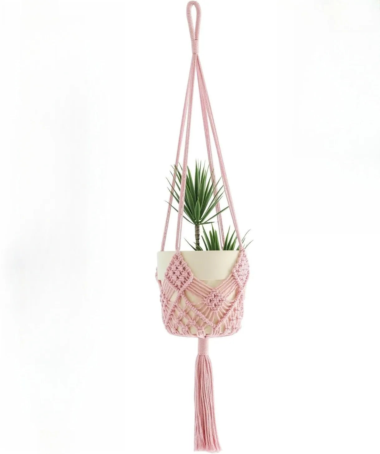 Hand-woven polyester cotton flower pot net pocket in brown, hanging with a green plant.