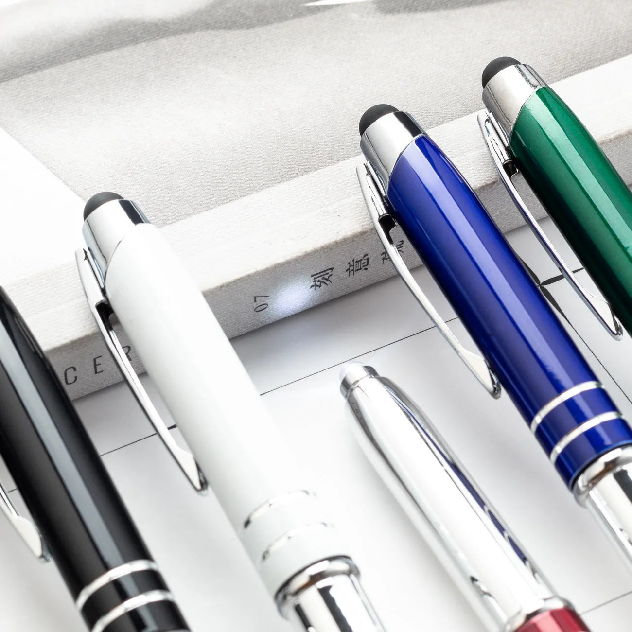 Metal capacitive stylus and ballpoint pen with LED light in five colour options
