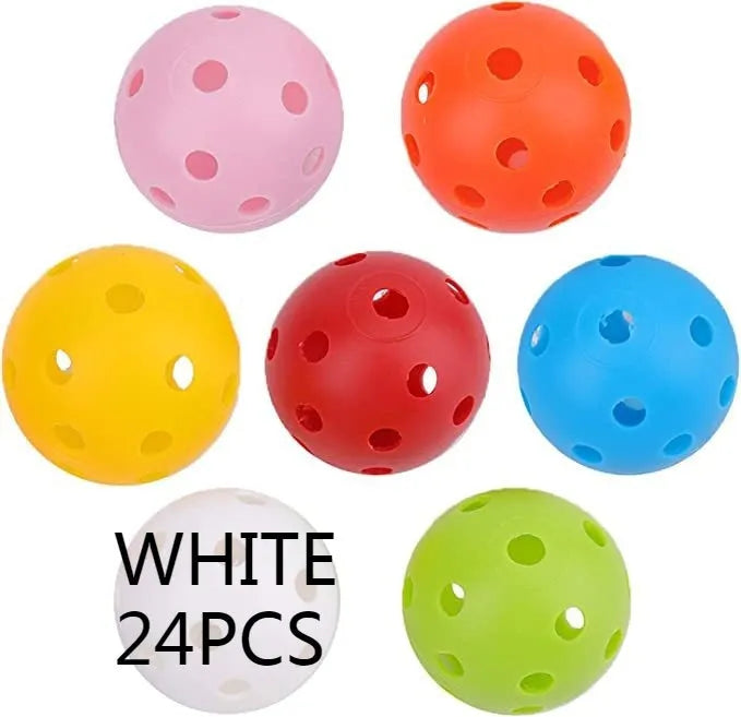 Six multi-colour 42mm golf practice balls in red, orange, blue, green, white, and yellow in a net.