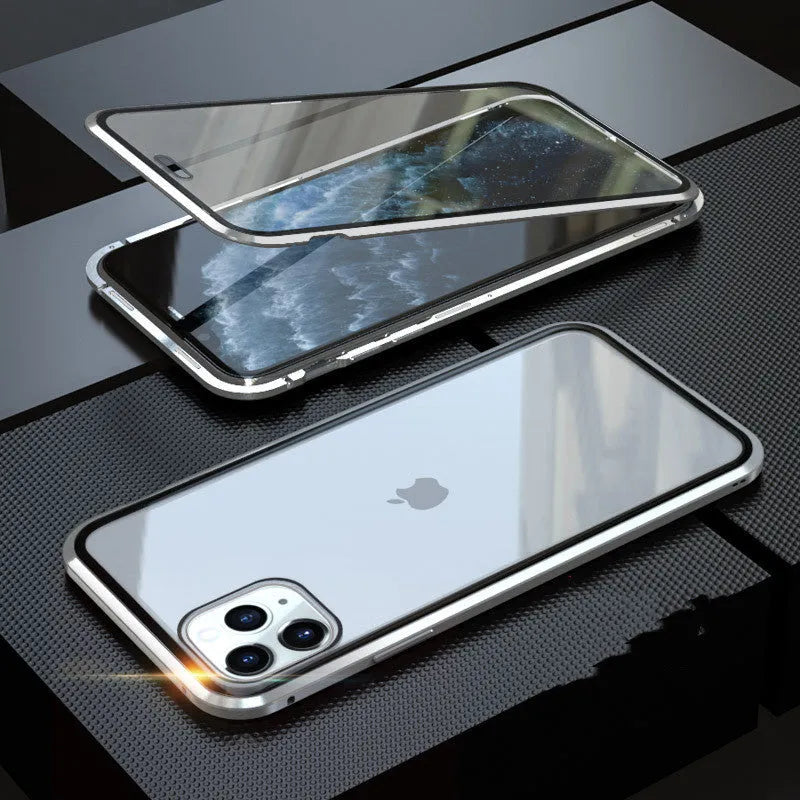 A glass clamshell anti-spy privacy case for iPhone, shown in a solid colour with a geometric design.