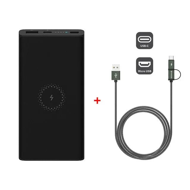 Black and white 10000mAh capacity power bank with USB and Type-C ports for fast and wireless charging