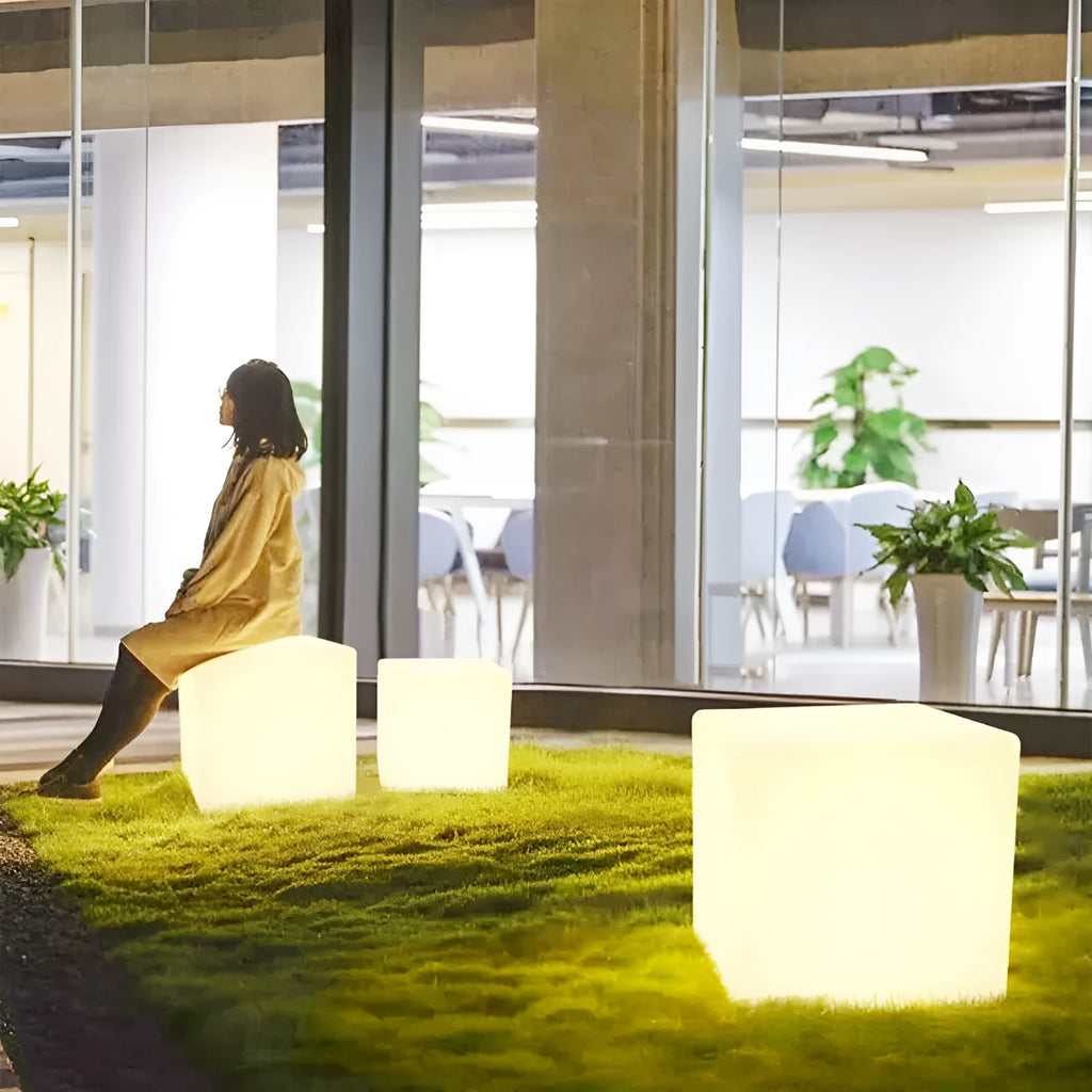 Square LED stool cube light waterproof PE material in garden setting