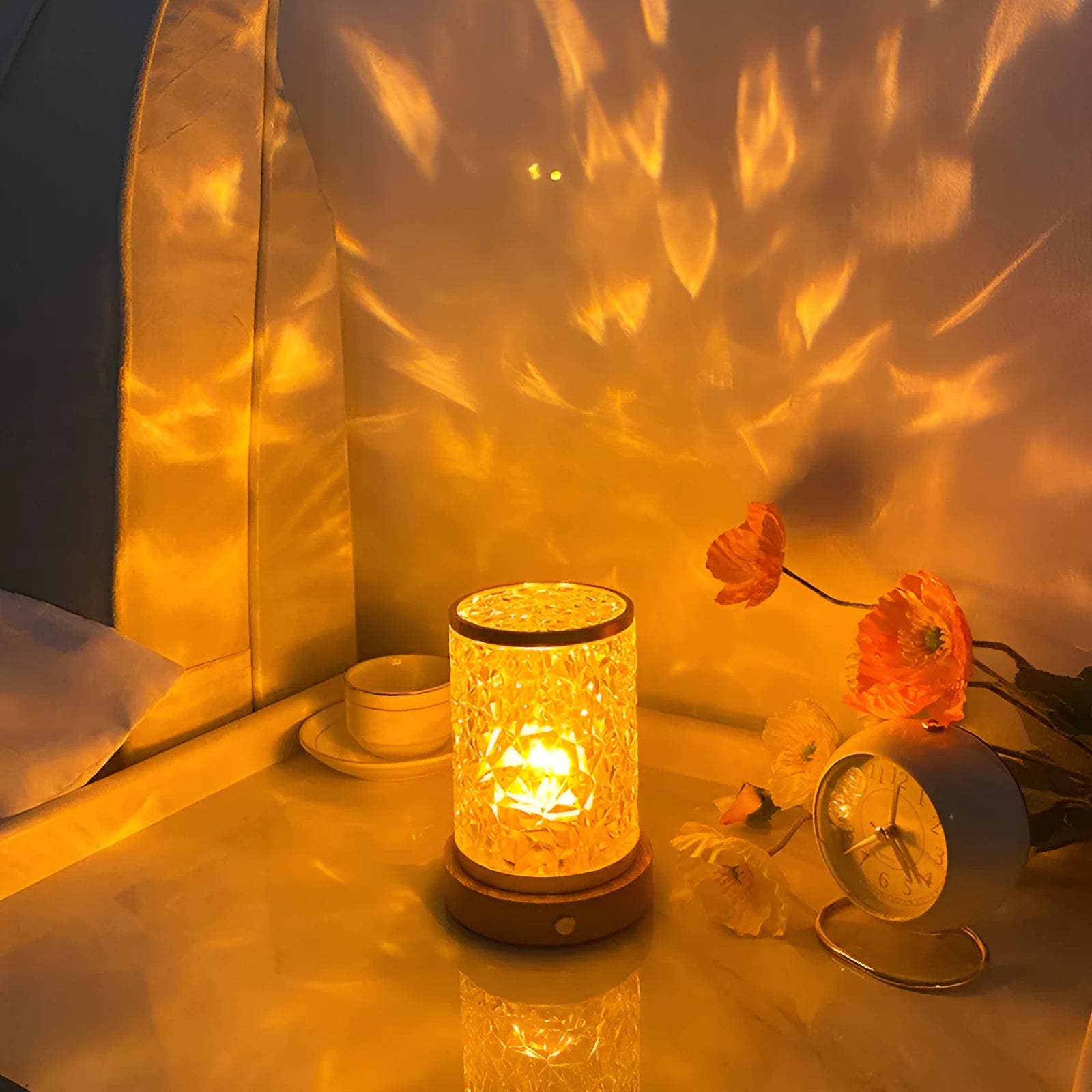 Rotating water ripple night light with acrylic body and solid wood base projecting colourful ambient light