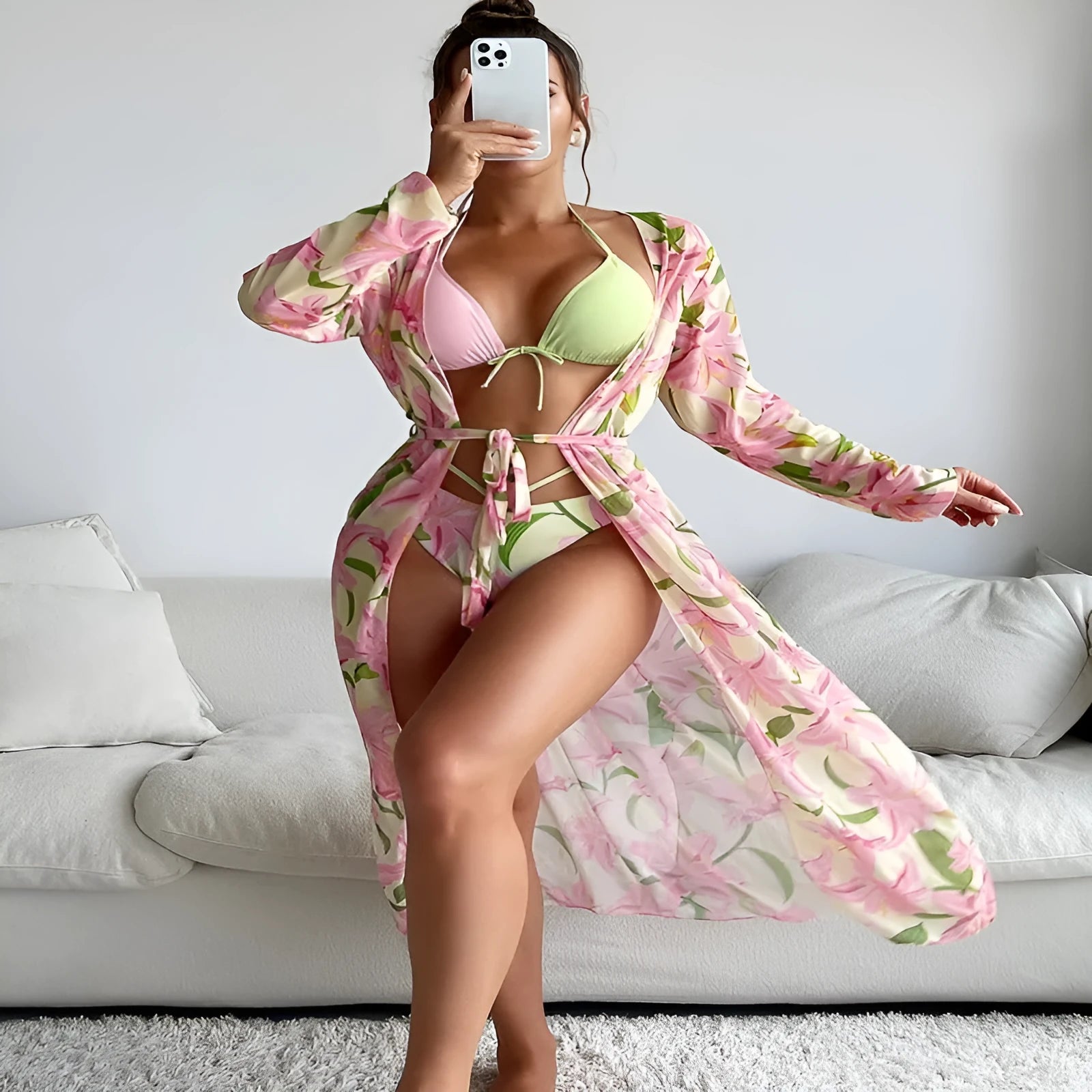 Women's printed bikini swimsuit set with bra and briefs on a mannequin.