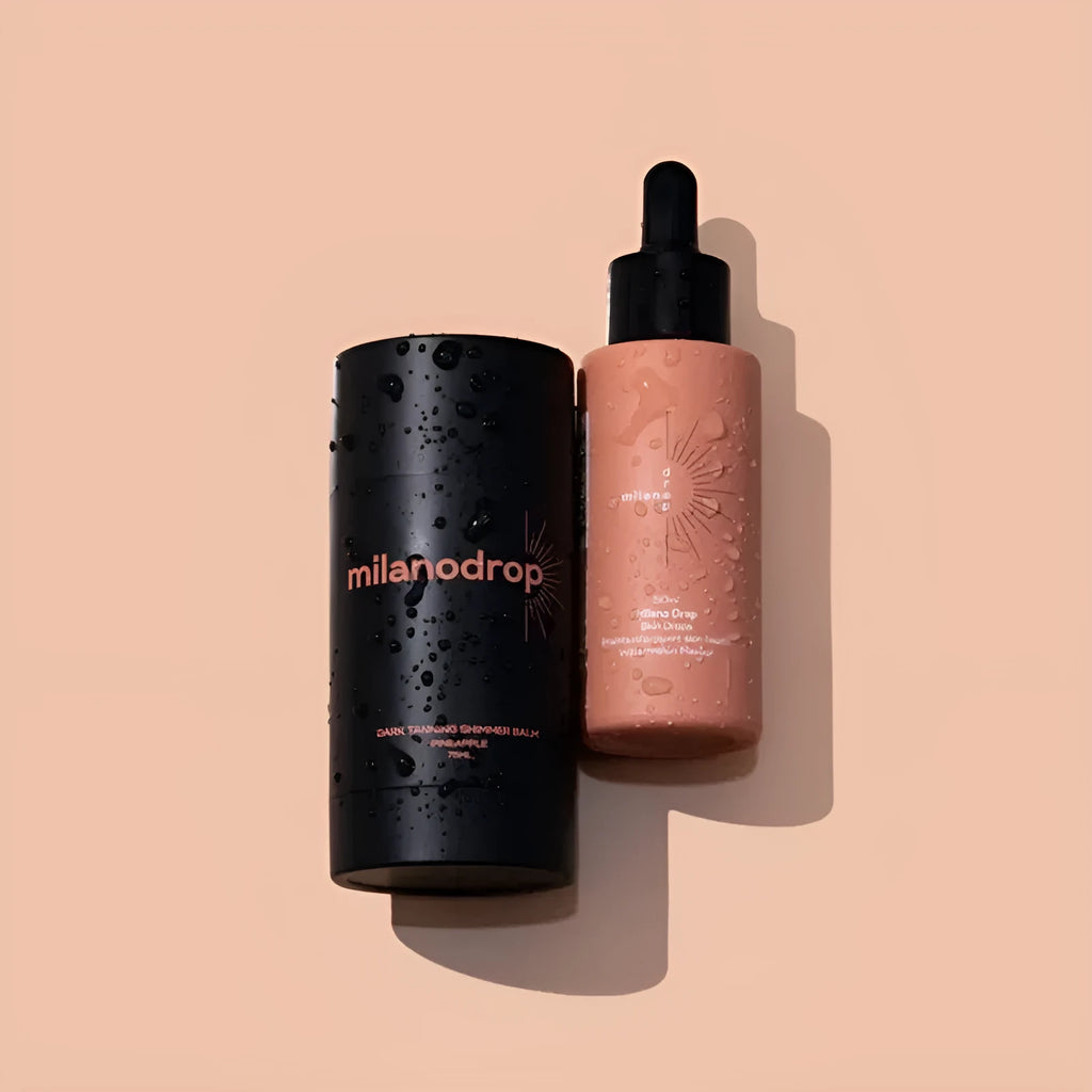 Matte Sun Tanning Black Liquid kit showing 50ml tanning drops bottle and 75ml tanning flash cream tube.