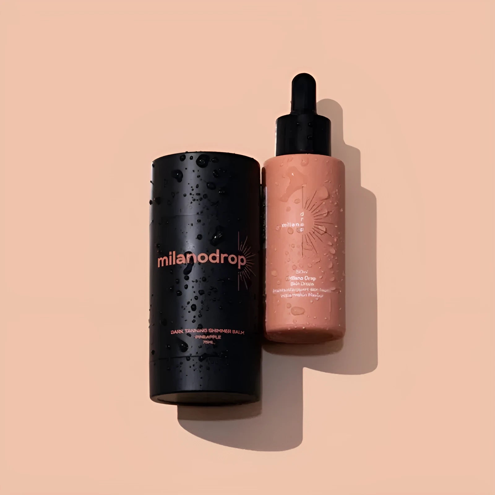 Matte Sun Tanning Black Liquid kit showing 50ml tanning drops bottle and 75ml tanning flash cream tube.