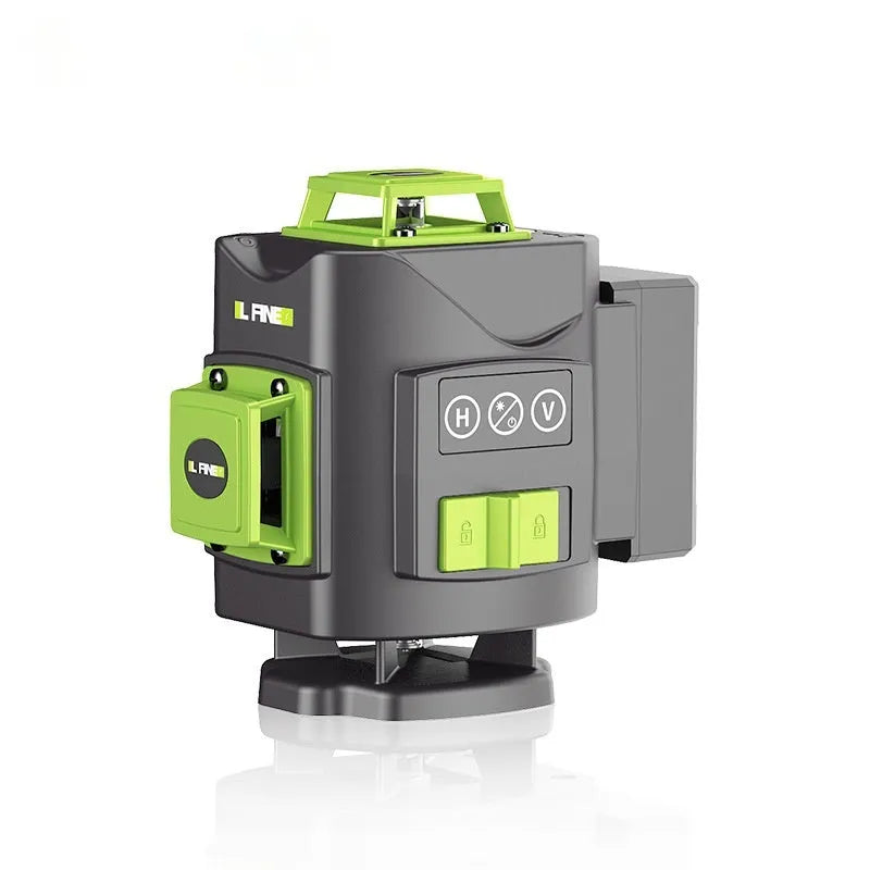 Green 16-line 3D self-levelling laser level on a work surface showing multiple projected lines.