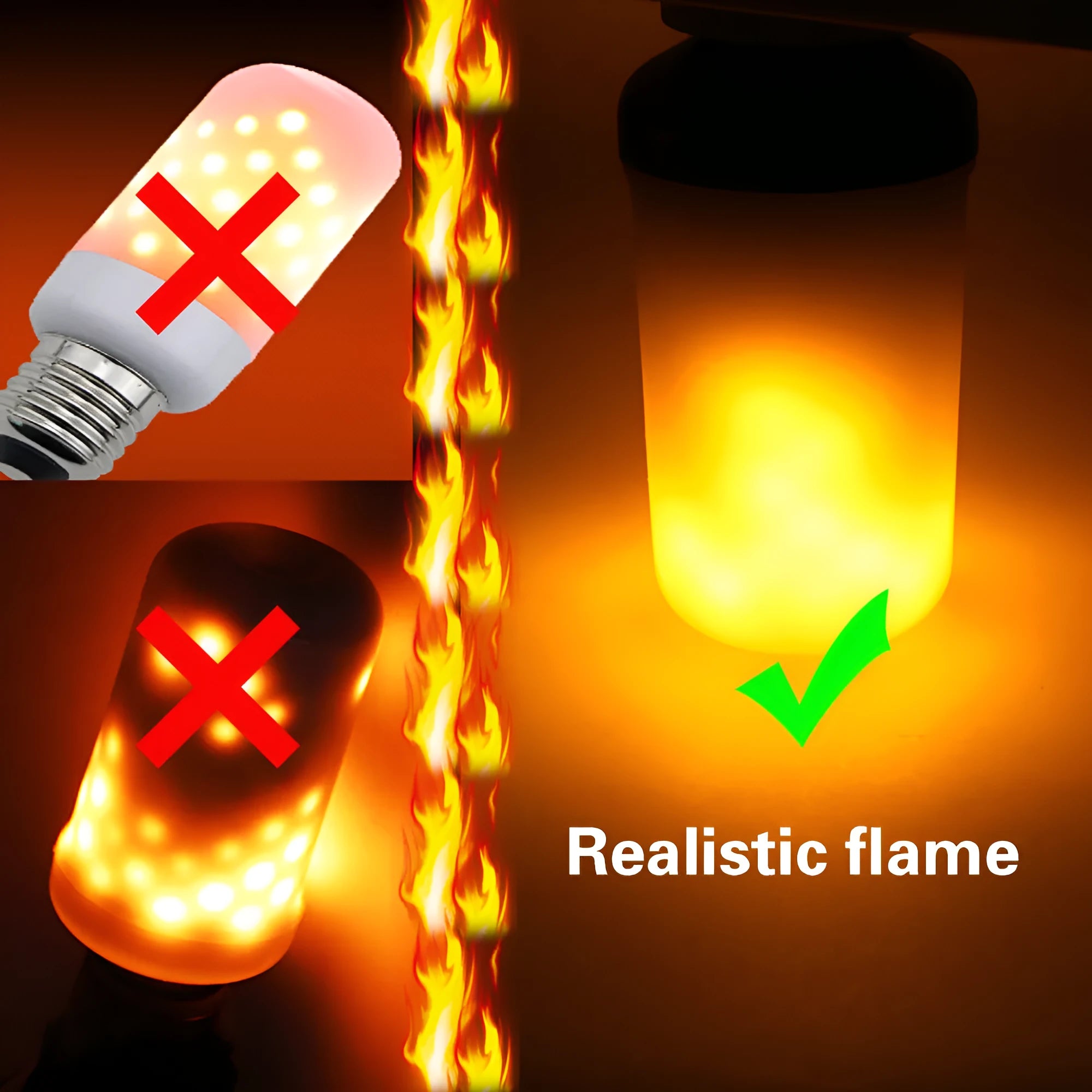 7W LED flame effect bulb showing flickering fake fire light in three modes