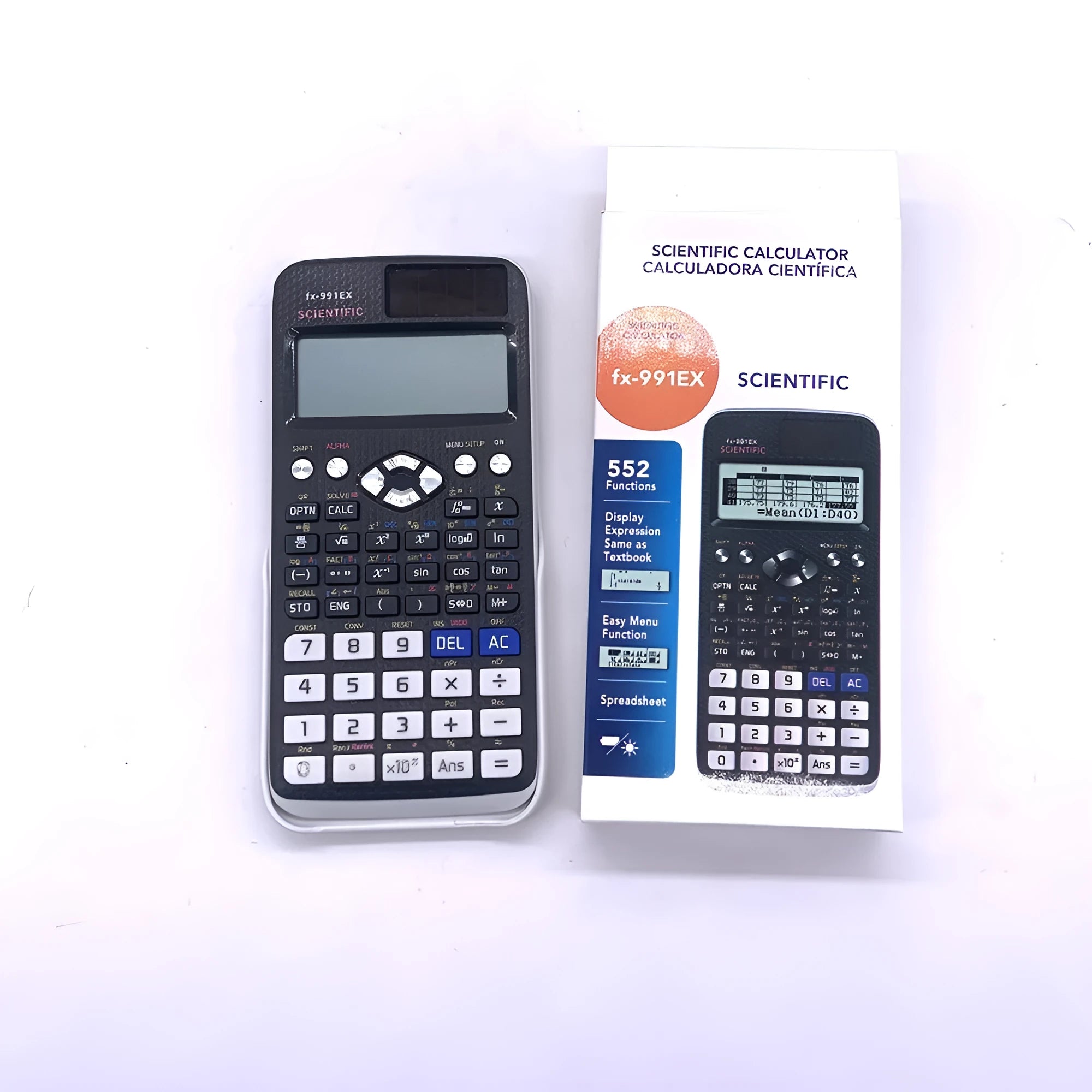 Casio 991EX solar-powered scientific calculator in black, blue, or pink for statistics and engineering