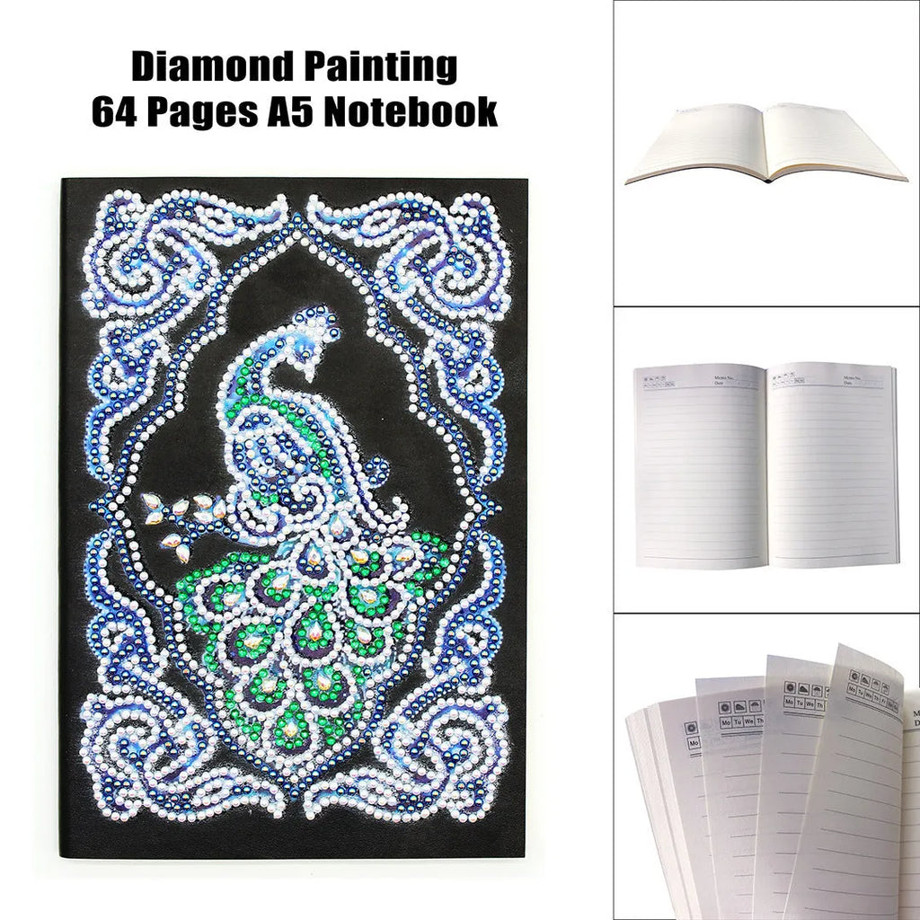 Black A5 diamond painting notebook with peacock design, shaped drills, and OPP packaging