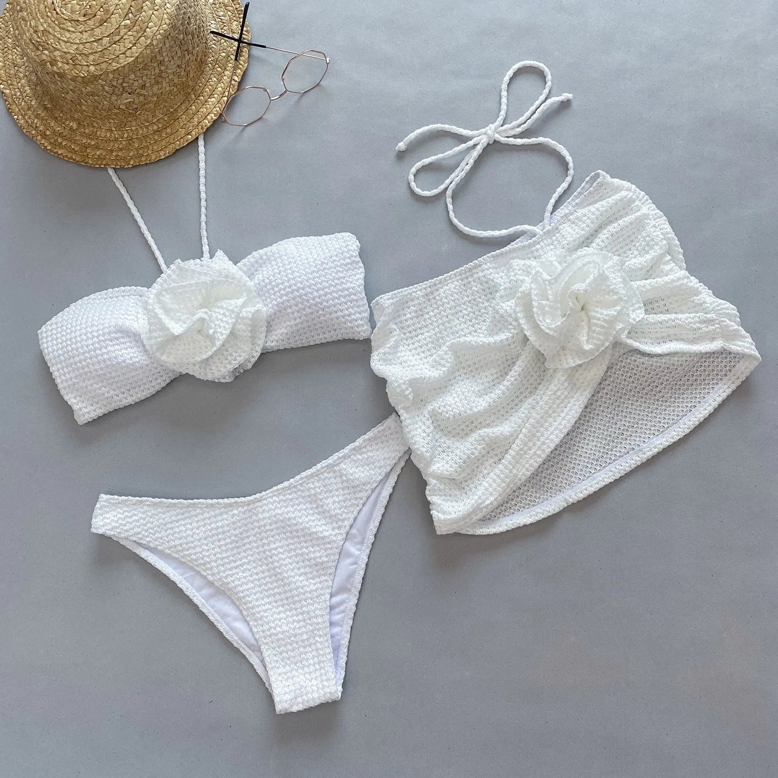 Women's three-piece swimsuit bikini set with 3D flower split design in white or purple colour