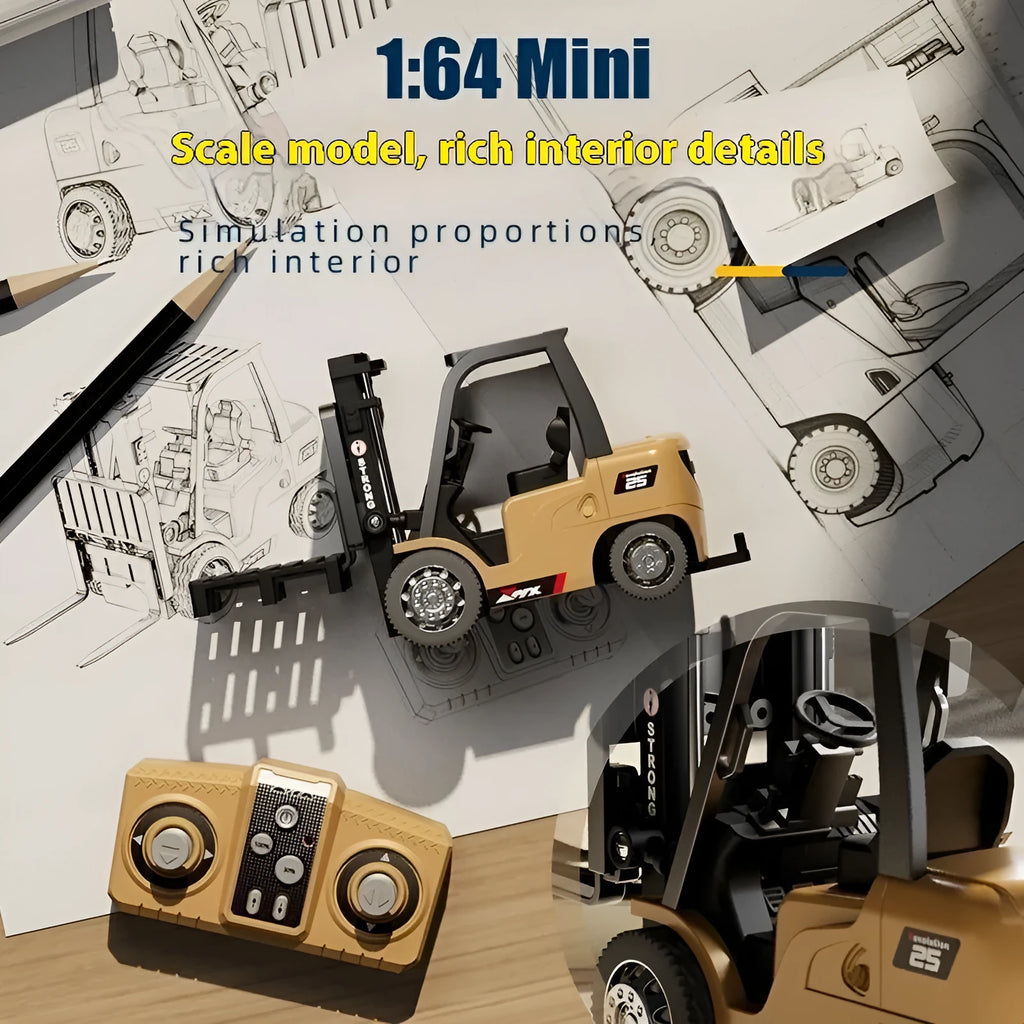 Bluetooth mini alloy forklift remote control toy with cargo hook and fork attachments on pallet