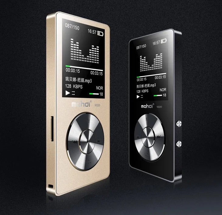 Gold all-metal MP3 player with 1.8-inch screen showing music playback interface