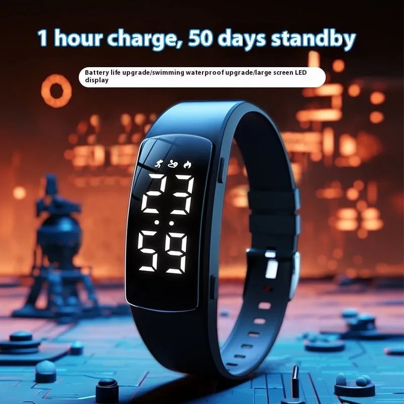 Black vibration alarm smart watch with LED display and silicone strap on a wrist.