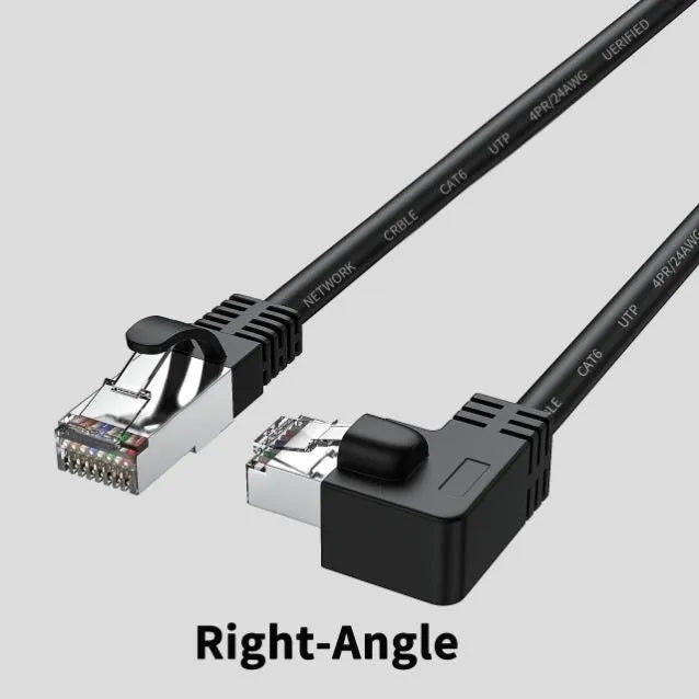 Cat6 Ethernet cable with right-angle RJ45 connector in multiple colour options including black, white, and red