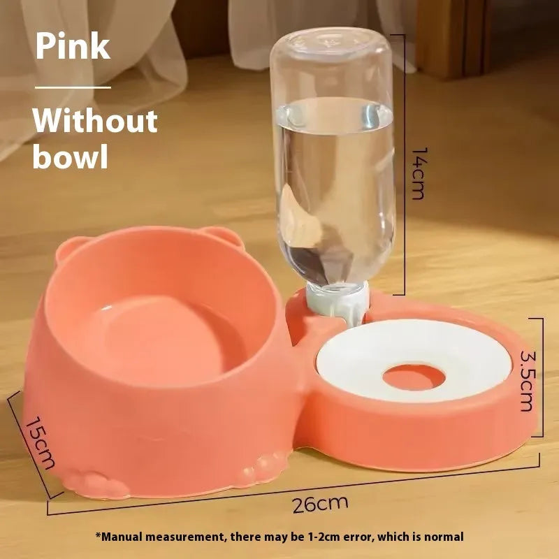 Double bowl automatic pet drinking fountain with stainless steel water reservoir and ceramic food compartments