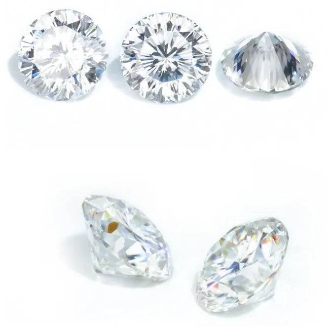 Round moissanite loose gemstone with eight hearts and eight arrows cut on a white background.