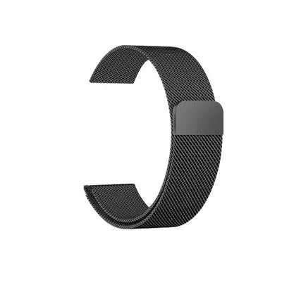 Stainless steel watch replacement strap in silver on a grey background showing adjustable links and buckle.