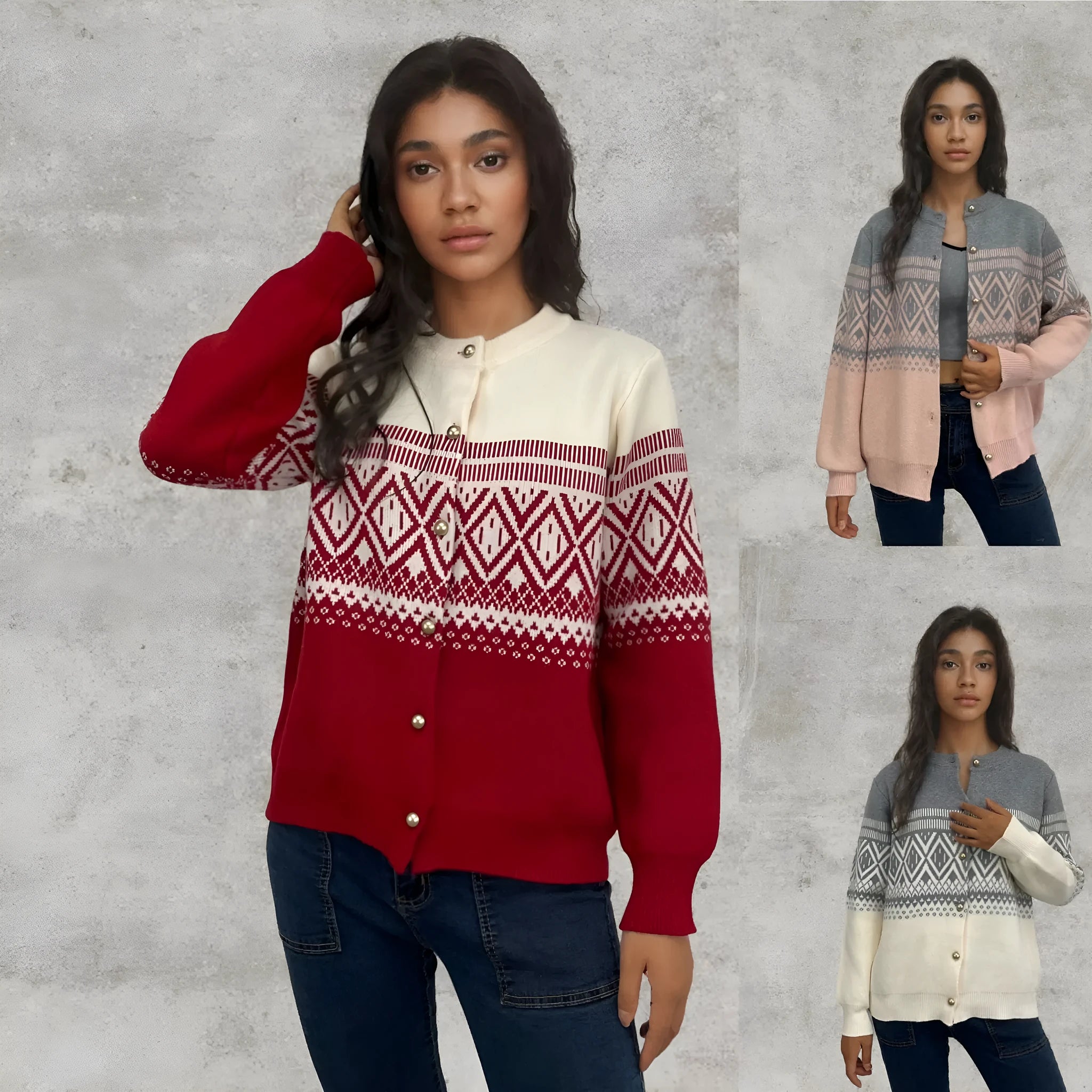 Women's red alpaca wool diamond knit cardigan with contrast colour long sleeves