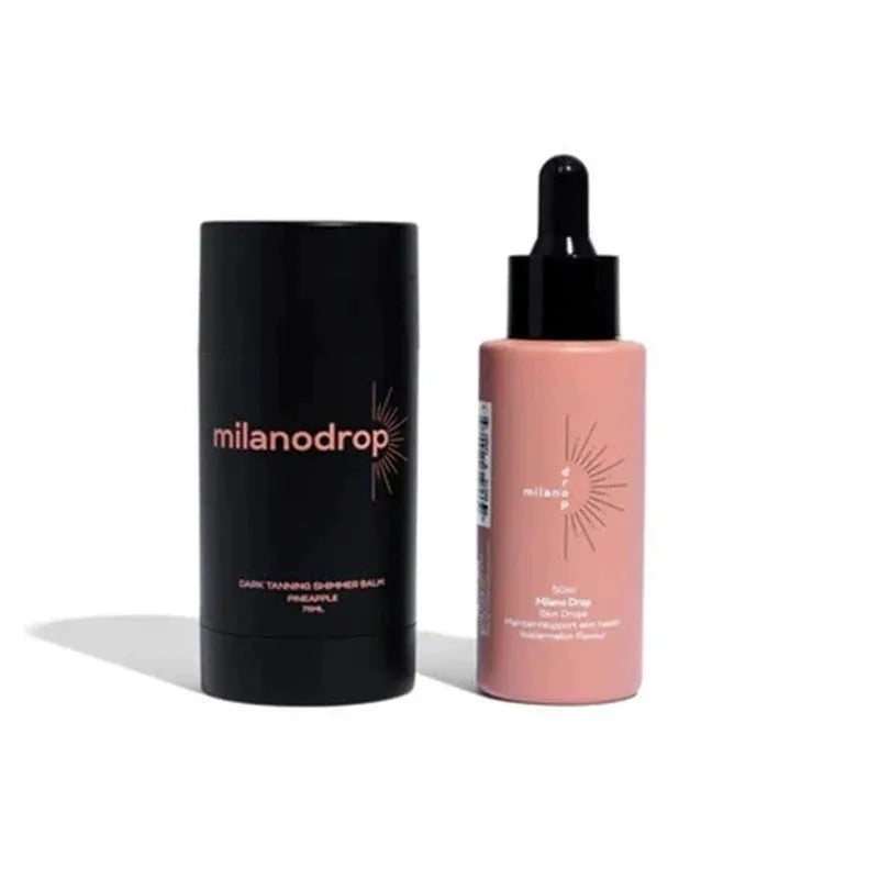 Matte Sun Tanning Black Liquid kit showing 50ml tanning drops bottle and 75ml tanning flash cream tube.