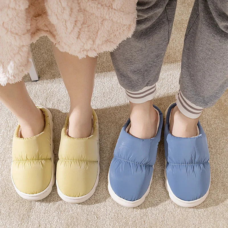 Down cotton indoor slippers with artificial leather upper and rubber sole in various colours