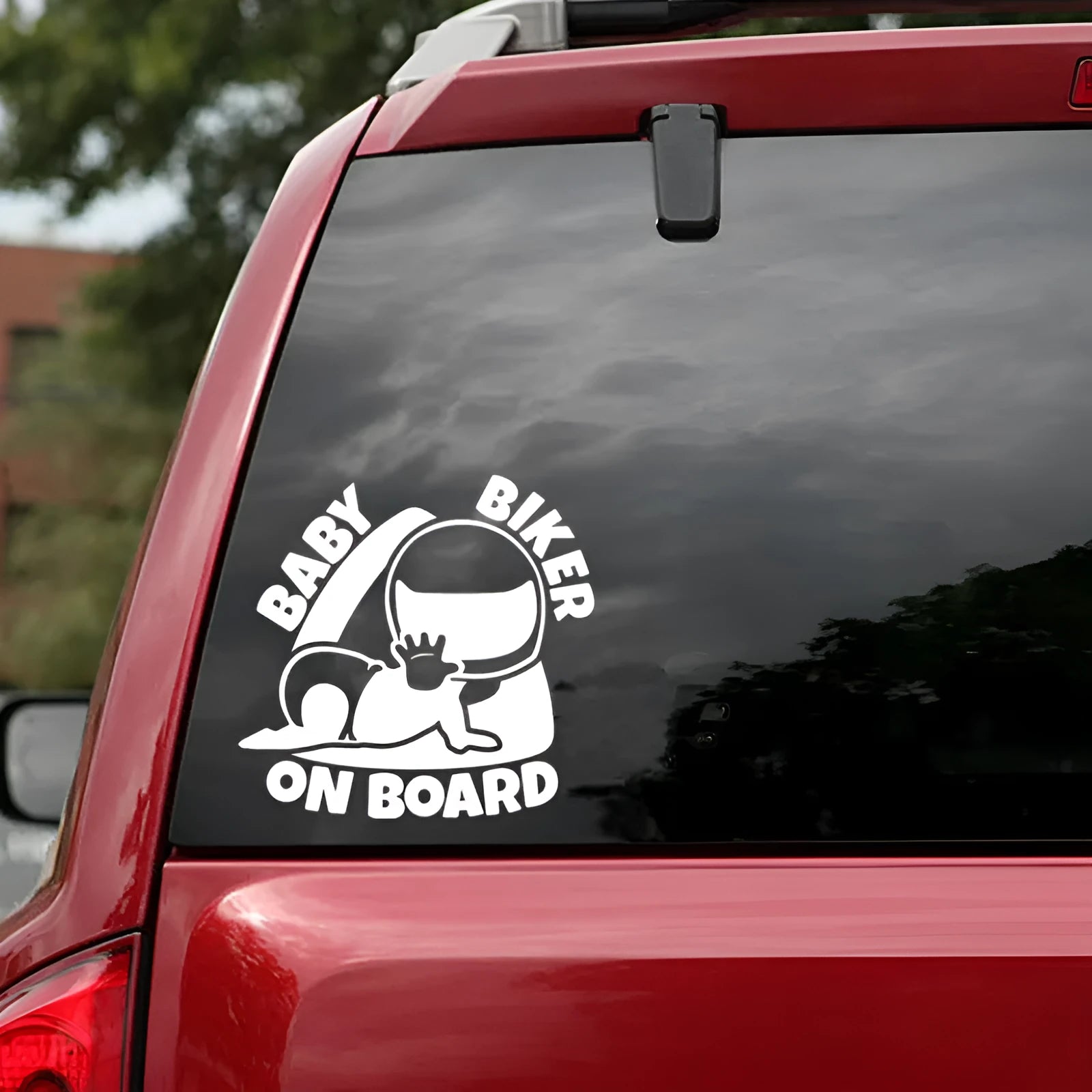Black and white reflective BABY ON BOARD car safety sticker measuring 14.5 by 15 centimetres.