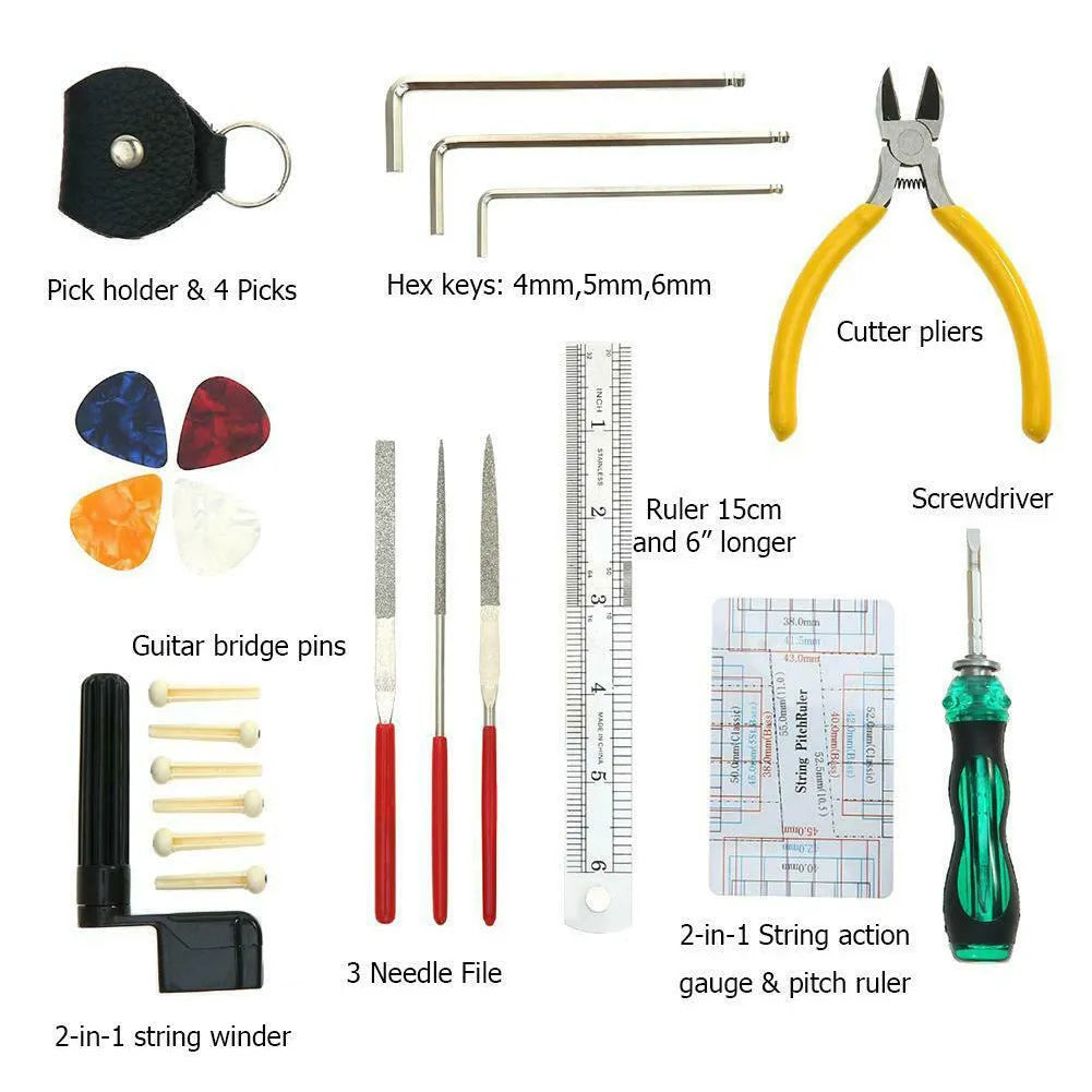 Black plastic and metal guitar repair tool kit with case for instrument maintenance