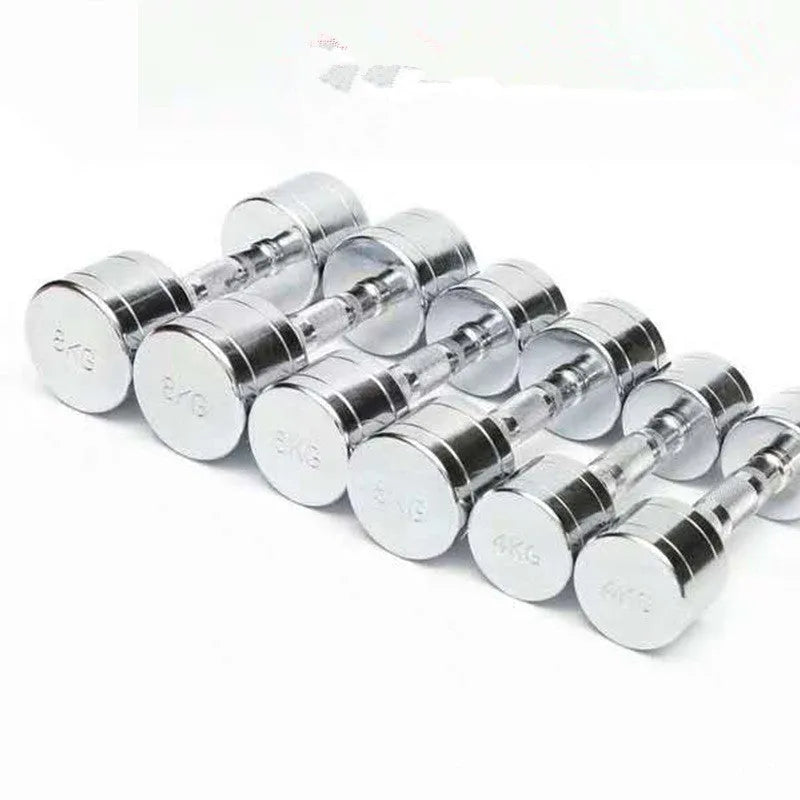 Silver electroplated pure steel dumbbell on a grey background, showing ergonomic handle.