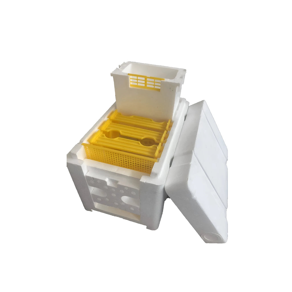 Three white EPS foam mini delivery boxes for beehive management and queen bee introduction