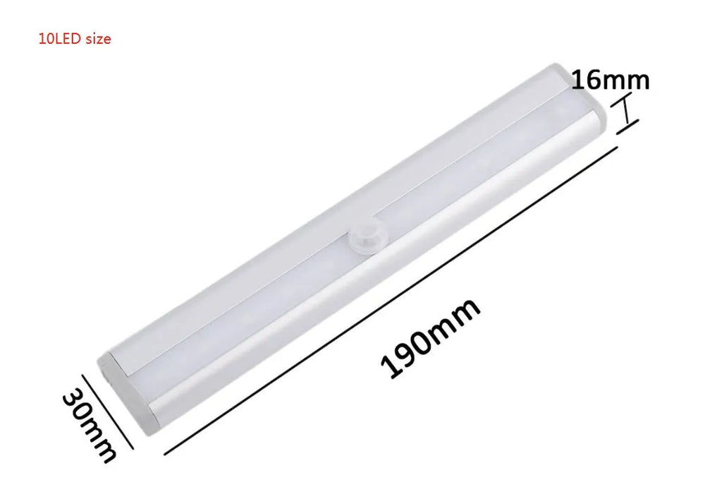 Silver aluminium LED closet light with magnetic back, shown illuminating a wardrobe interior.