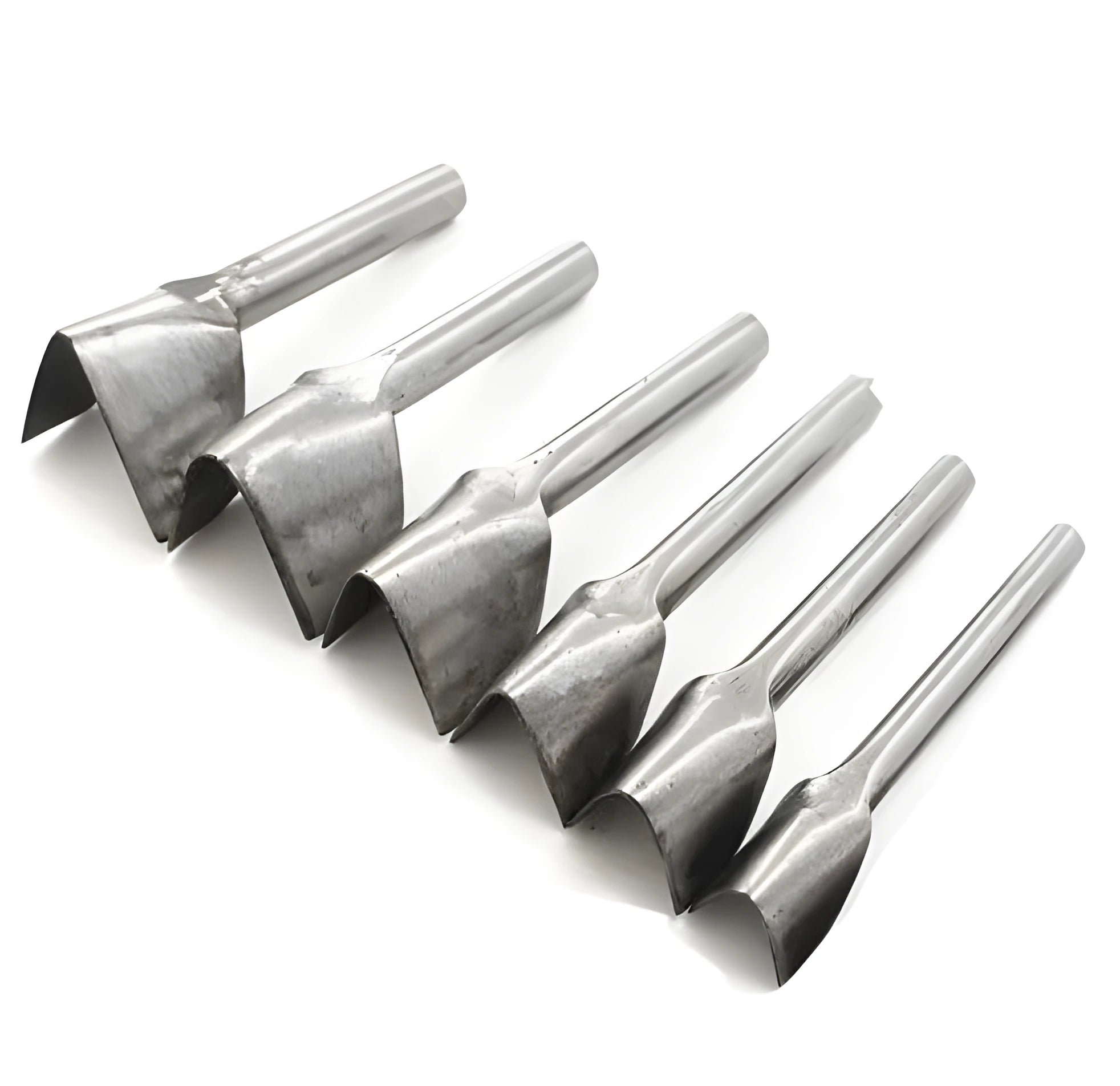 Six steel leather craft punch tools showing V shape and half round profiles in sizes 15mm to 40mm