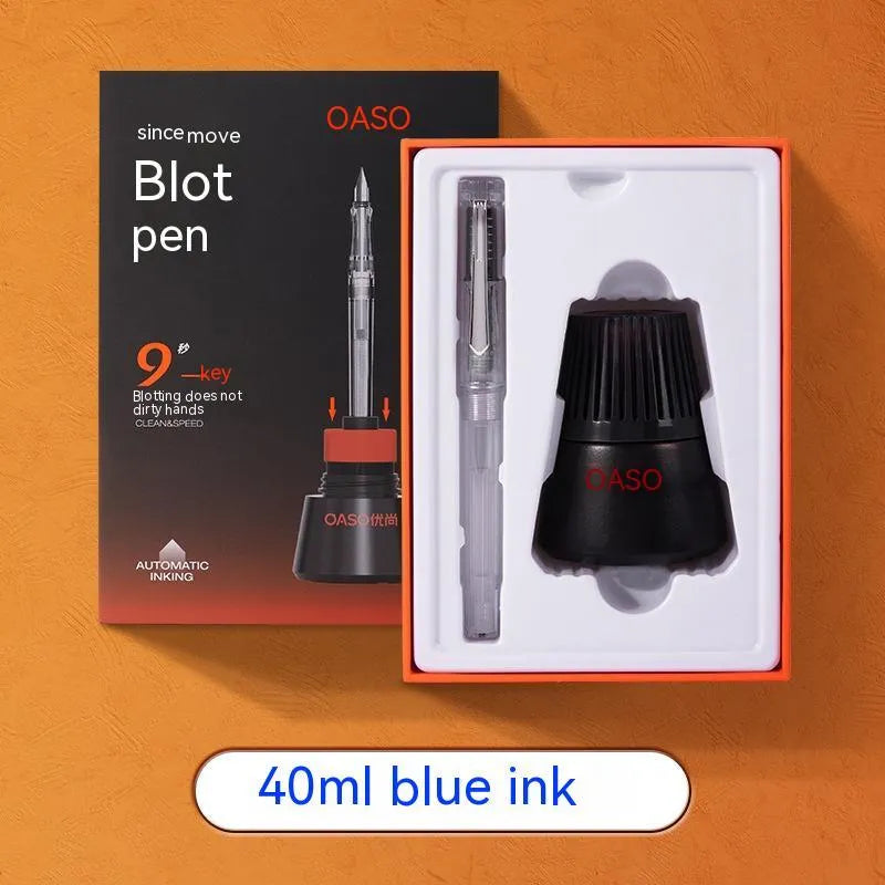 Automatic suction pen set with plastic body, stainless steel tip, ink feeder, and handbag on a desk.
