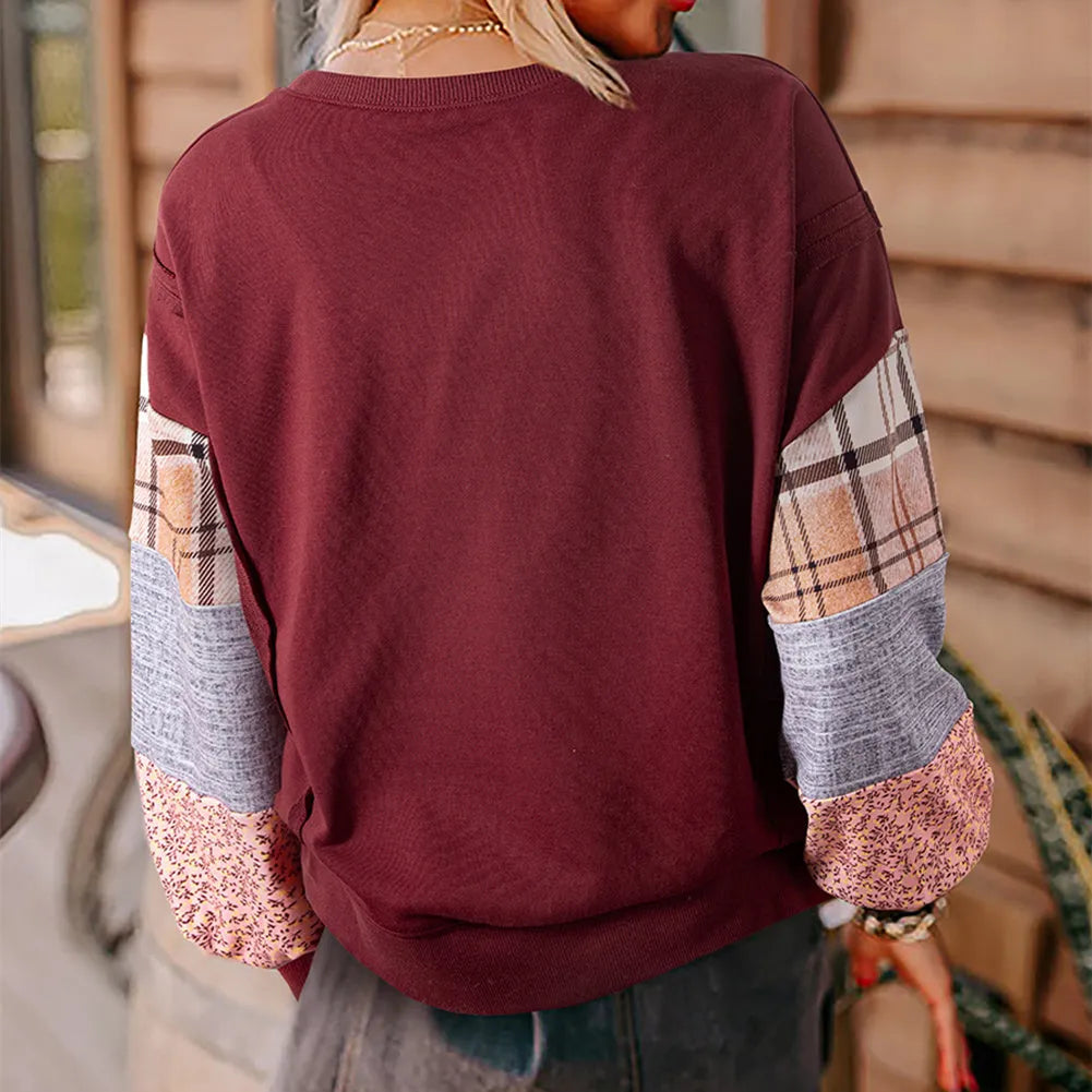 Women's plaid stitching long-sleeved loose top in apricot and red colours
