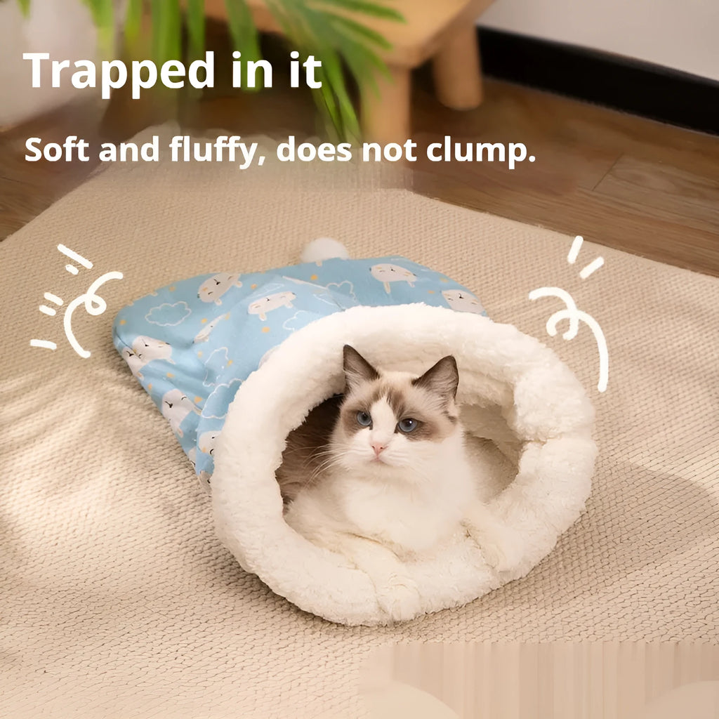 Flannel cat sleeping bag nest bed with print design, dimensions 50cm by 40cm