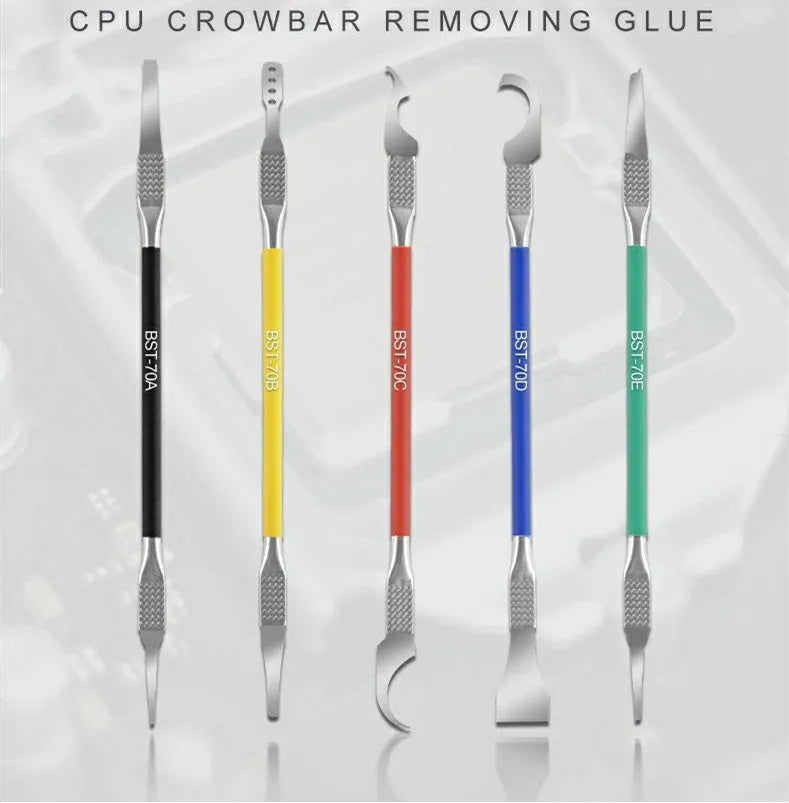 Five piece plastic disassembly tool set with stainless steel blades and crowbar tool for component removal