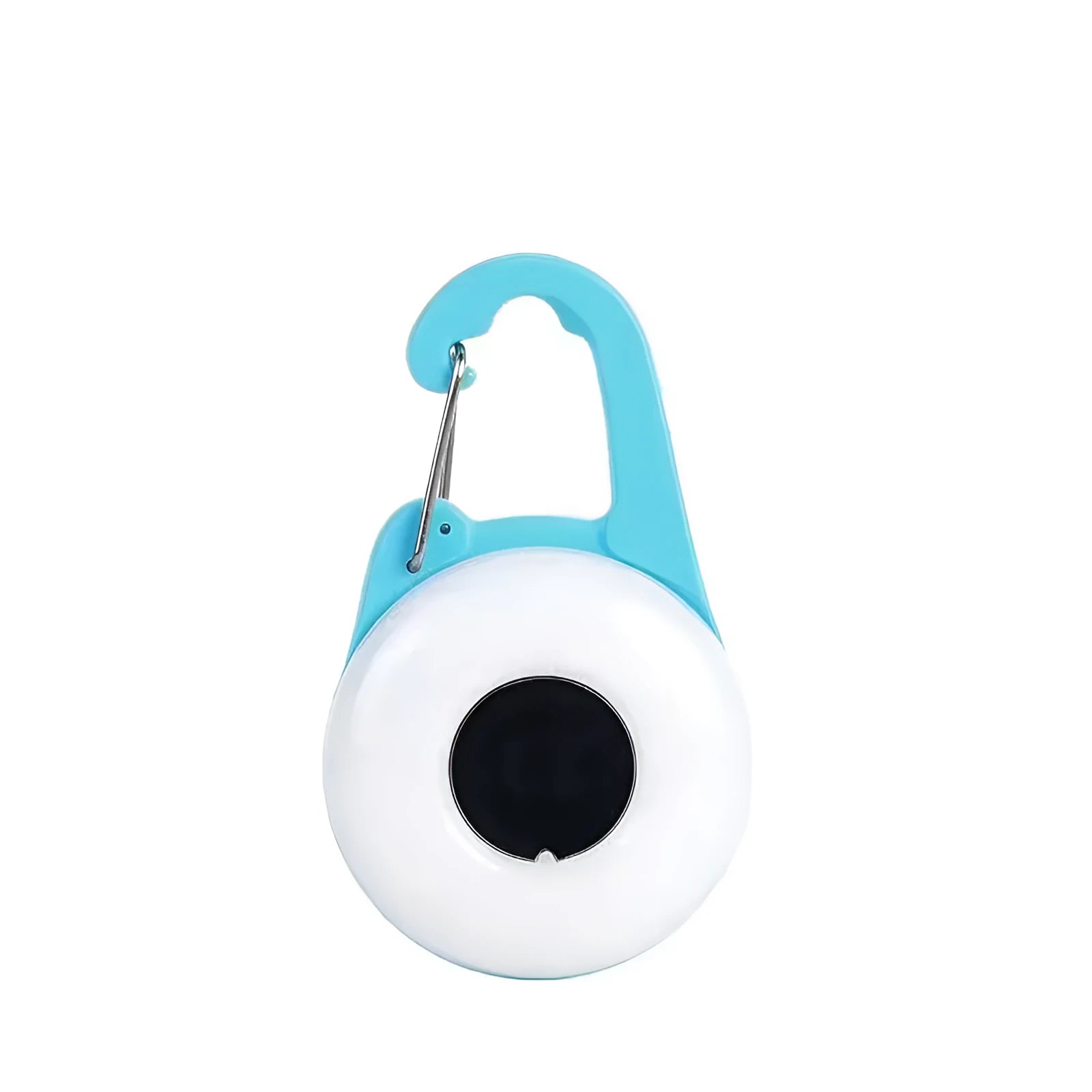 Blue LED dog collar light attached to black collar showing four light modes and adjustable silicone strap
