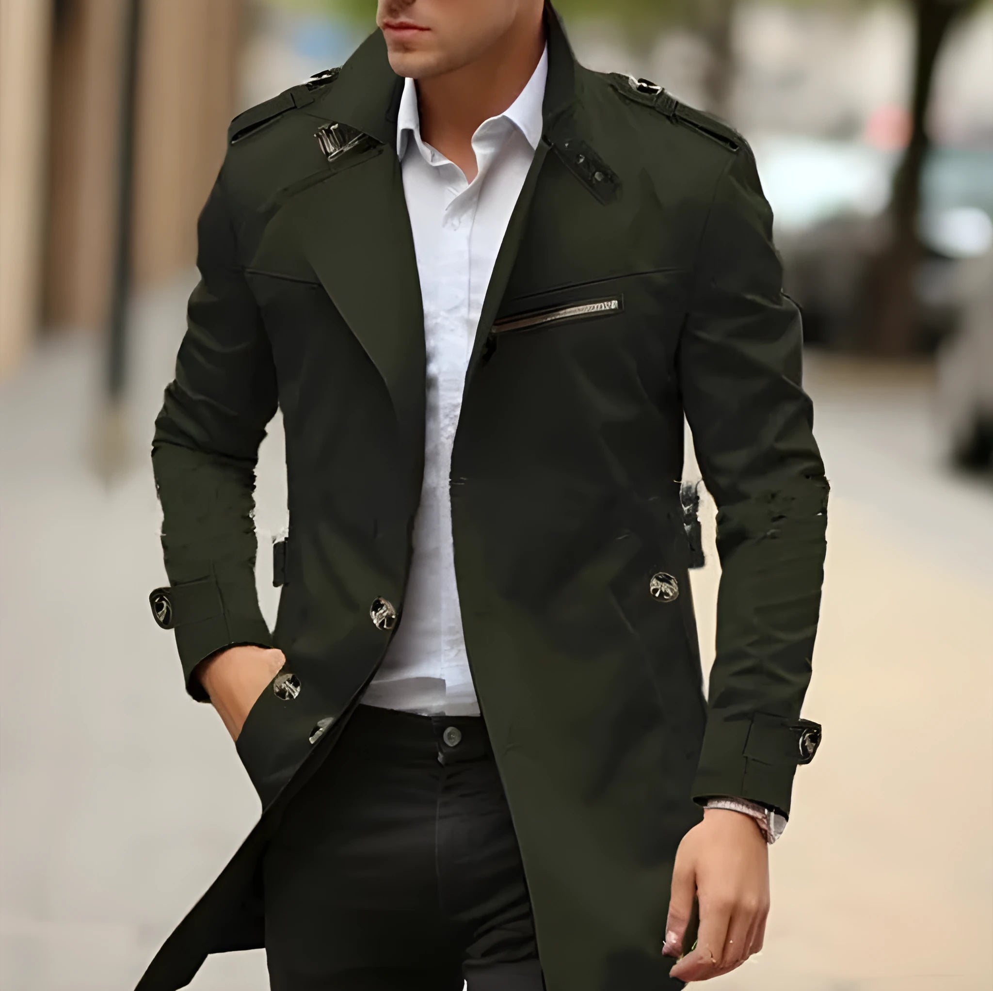 Mid-length plus size men's casual jacket in army green with lapel collar and side seam pockets.