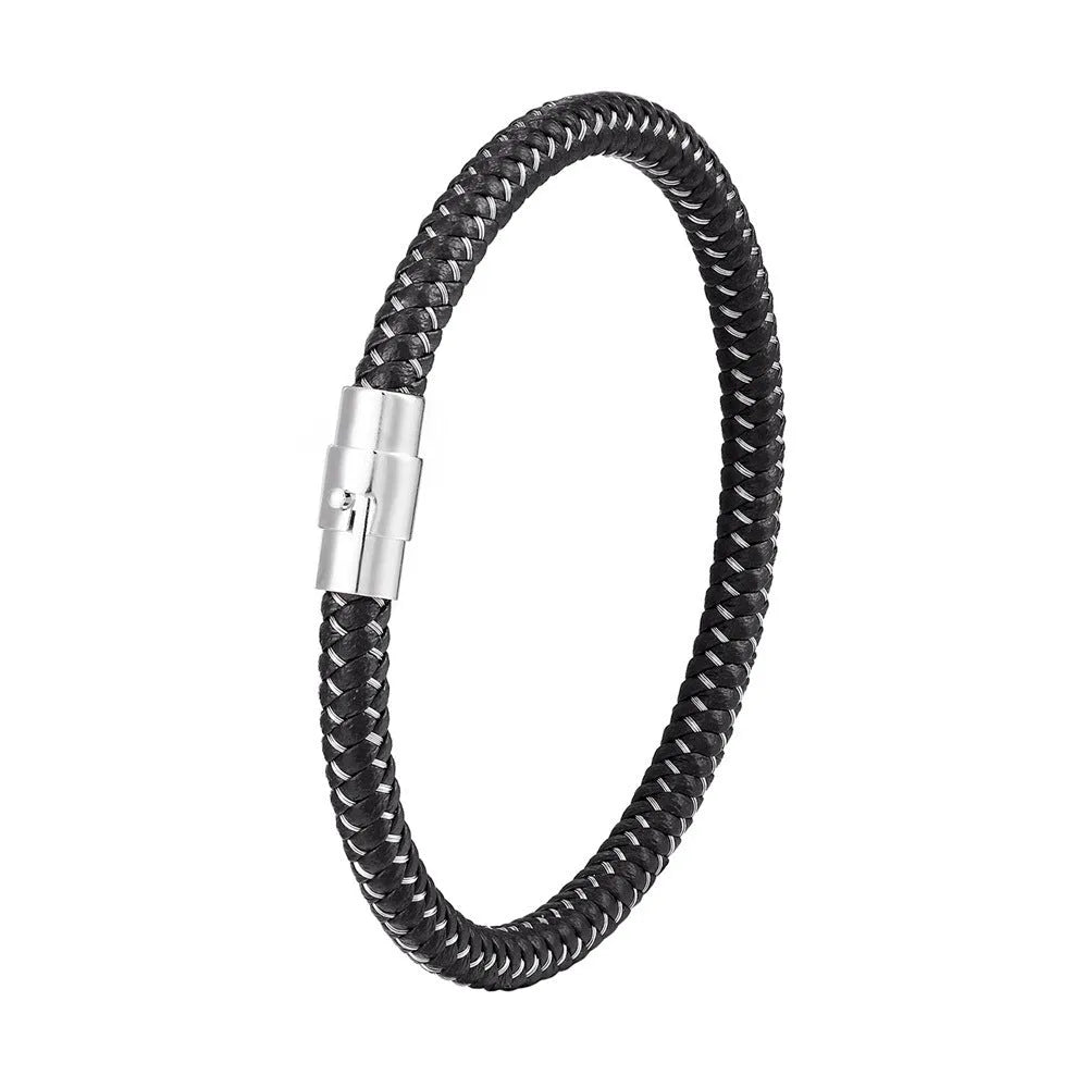 Titanium steel wire bracelet with magnetic clasp and geometric charm in unisex boyfriend style