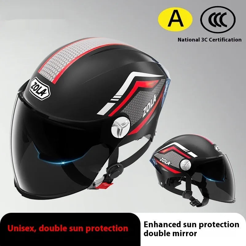 3C certified ABS motorcycle half helmet with a dual mirror sun visor shown in a light brown colour variant.