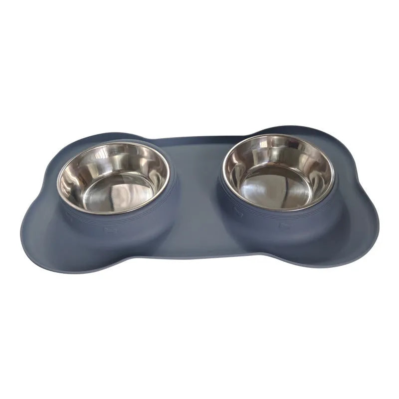 Large black silicone dog bowl seated inside a weighted stainless steel base