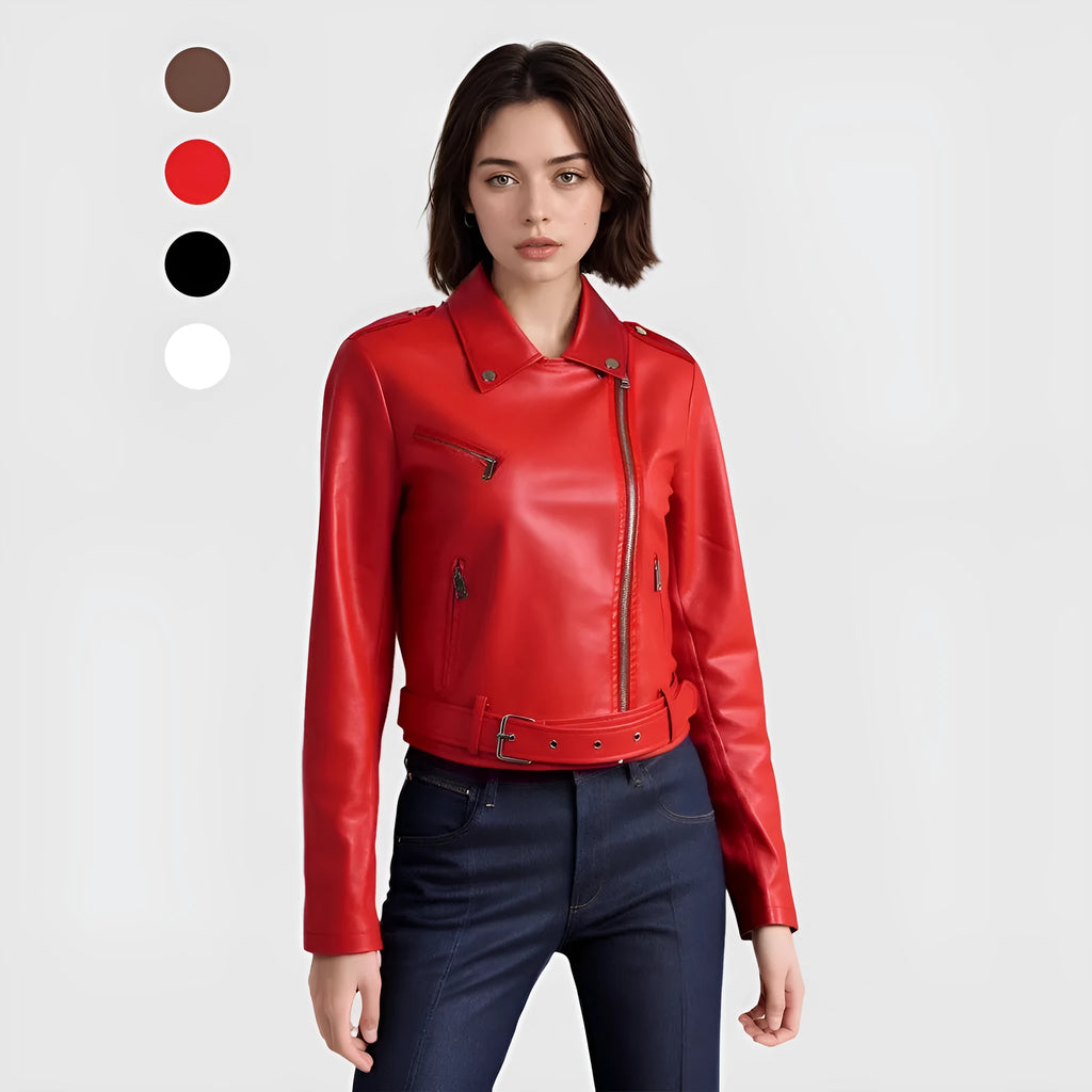 Women's black PU leather motorcycle jacket with lapel collar and short belt detail