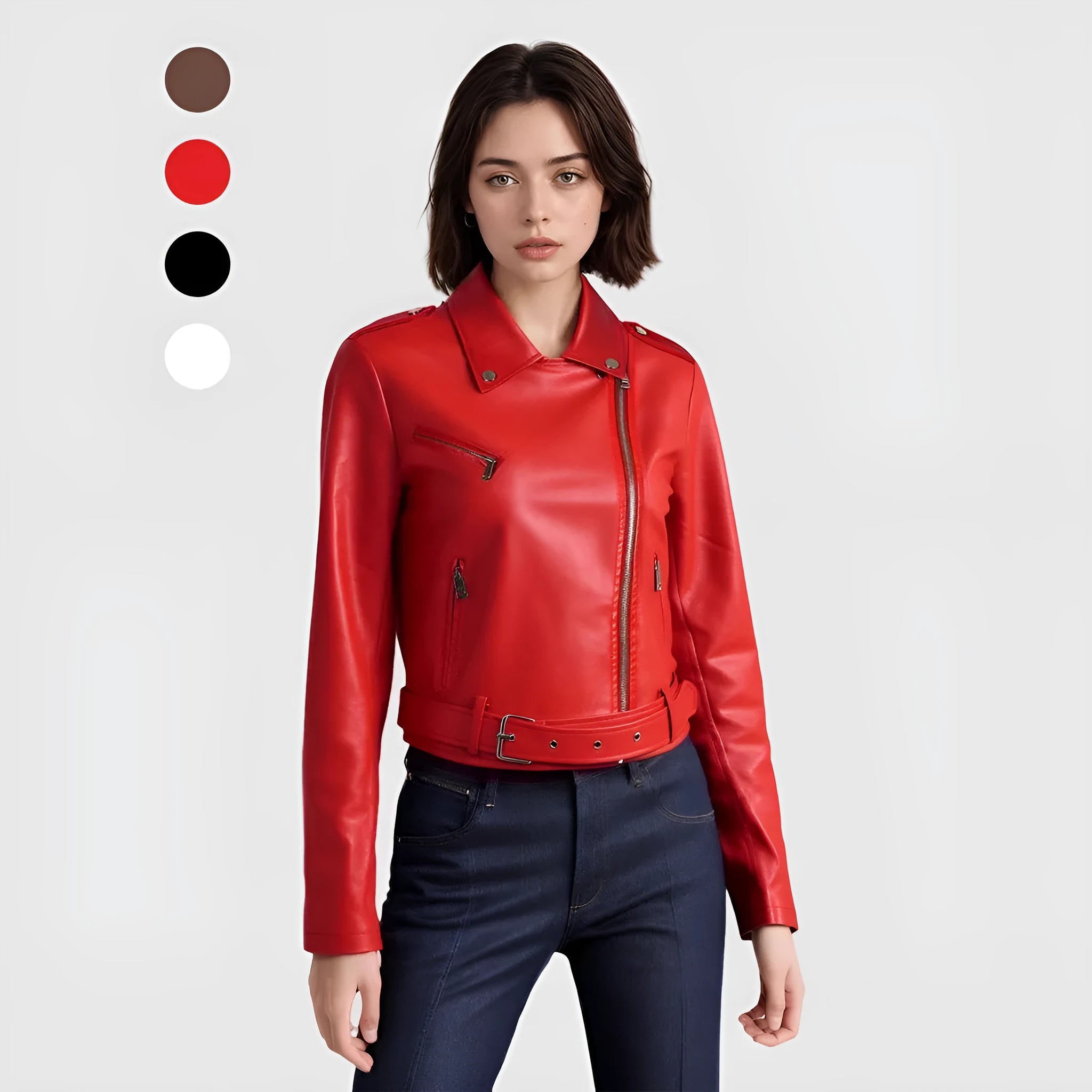 Women's black PU leather motorcycle jacket with lapel collar and short belt detail